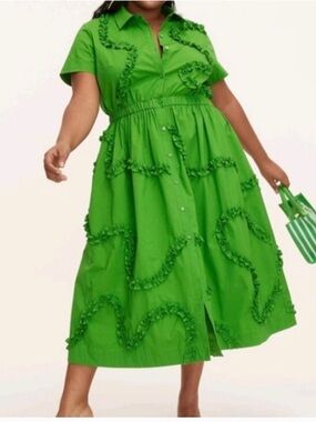 kate spade Bright Green Ruffle-Trim Midi Shirt Dress